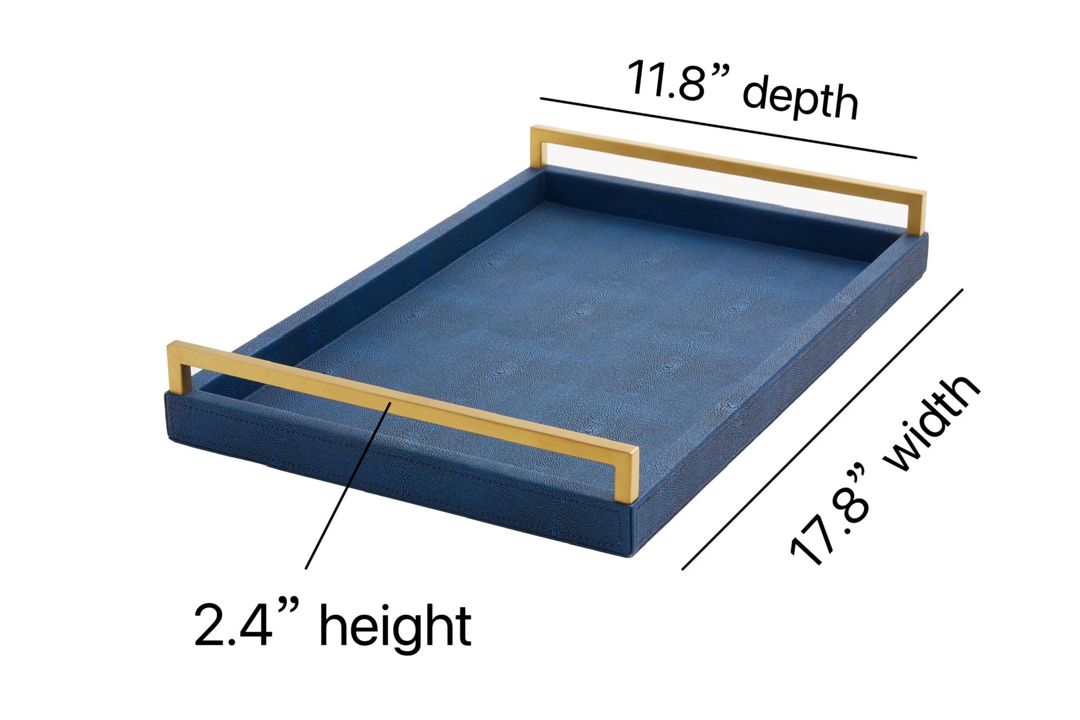 Navy Blue Ottoman Shagreen Leather Coffee Table Tray - Decorative Large Serving Tray With Gold Handles for Dining, Bar, Party, Kitchen Island, Bathroom Vanity