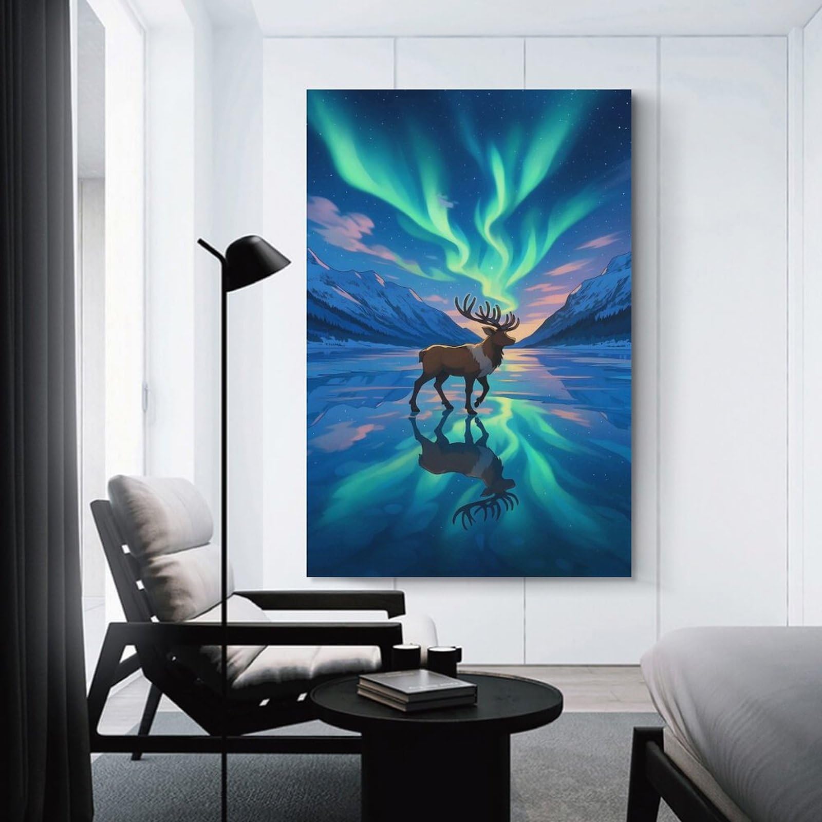 Junmoney Reindeer Under Aurora Borealis Home Decor Wall Art 20x30inch(50x75cm), for Living Room, Lounge Or Sitting Room, A Home Accent with Warm Character