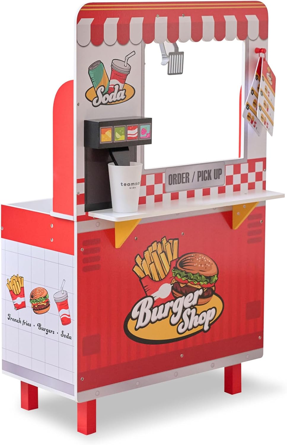 Teamson Kids Flip & Fry Burger Shop Playset with 29 Pretend Play Food Accessories, Interactive Soda Dispenser, Frying Station & Storage, Fast Food Restaurant Role Play Kitchen Toy for Kids Age 3+