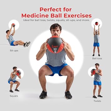 Sunny Health & Fitness Medicine Ball, Textured Rubber, Core Strength & Balance Training, Bouncing, Weight for Home Workouts 4,6,8,10,12,15,20,25,30LB Options
