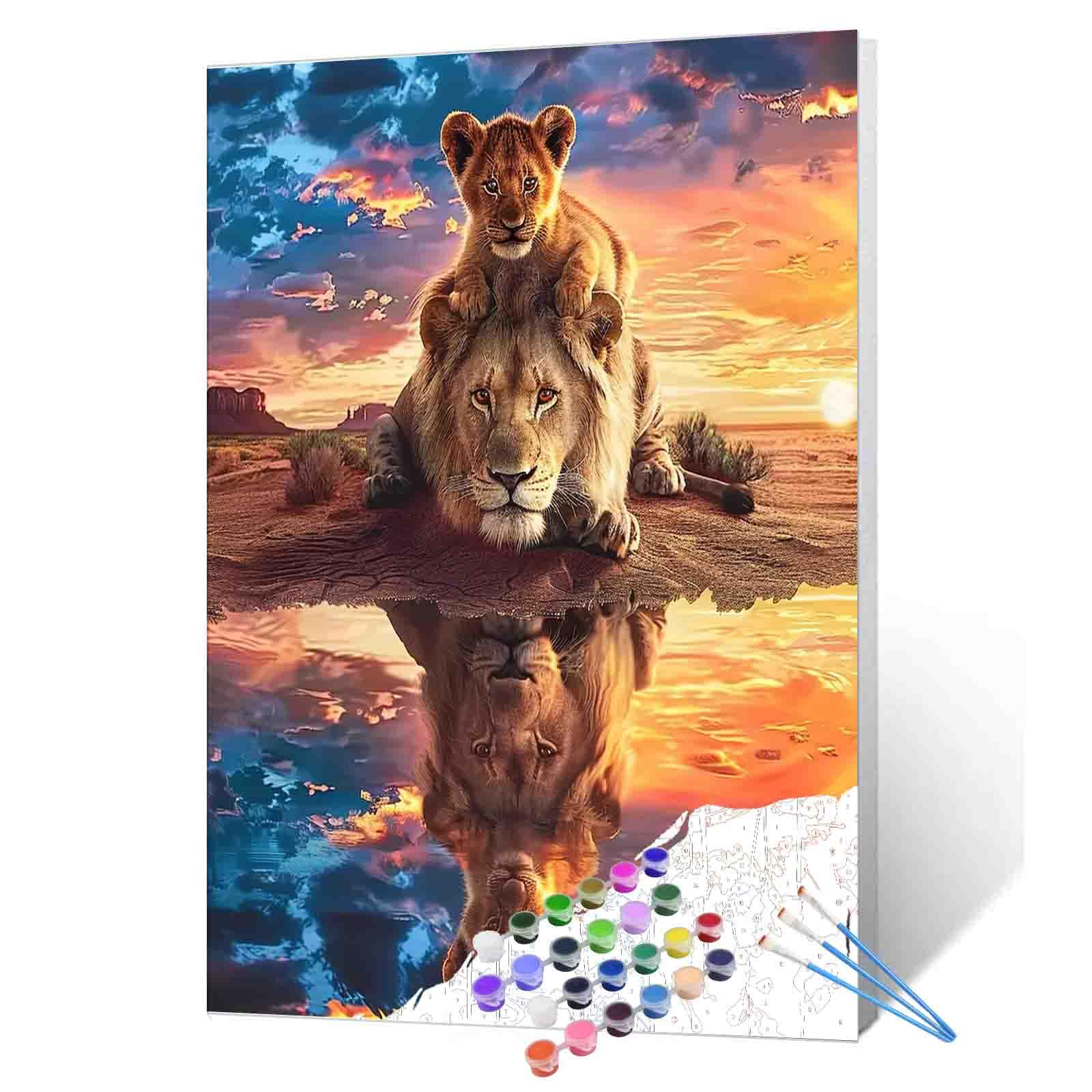 Paint by Numbers Kits for Adult DIY Reflection of Animals in Water Acrylic Pigment King of the Prairie Lion Canvas Oil Painting for Beginner Kids Home Wall Art Decor Gift 16''W x 20''H（Frameless）