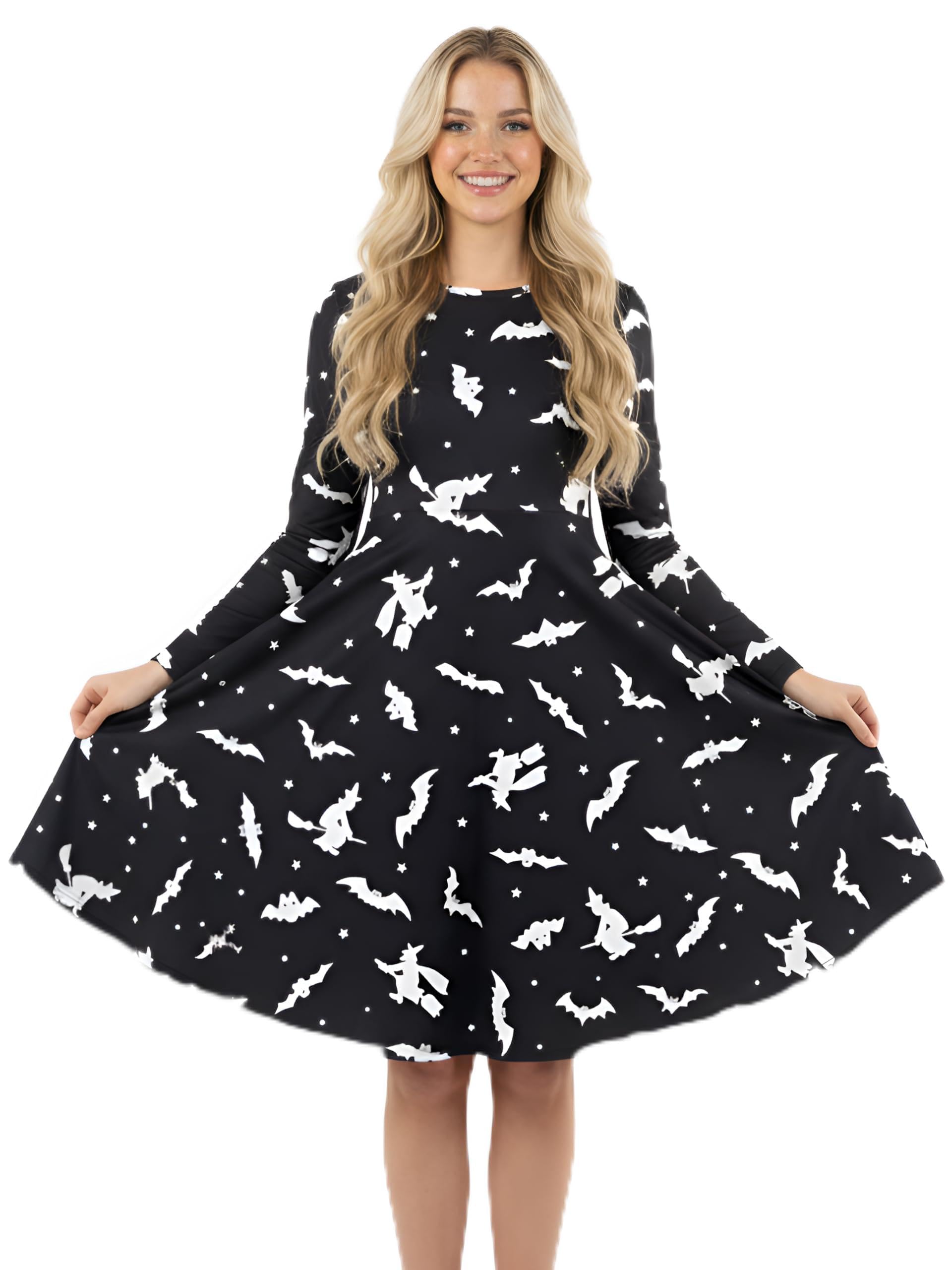 Love My Fashions Women's Witch And Bat Print Love My Fashions® Halloween Dress Scary Costume Adults Ghost Skull With Scary Bats Pumpkin Party Wear Top