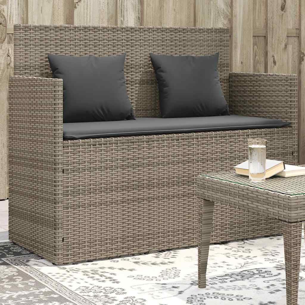 Panca da giardino con cuscino, in polyrattan grigio, panca con vano portaoggetti e borsa impermeabile, seduta imbottita con rivestimento rimovibile, coperchio sicuro con molla a gas per