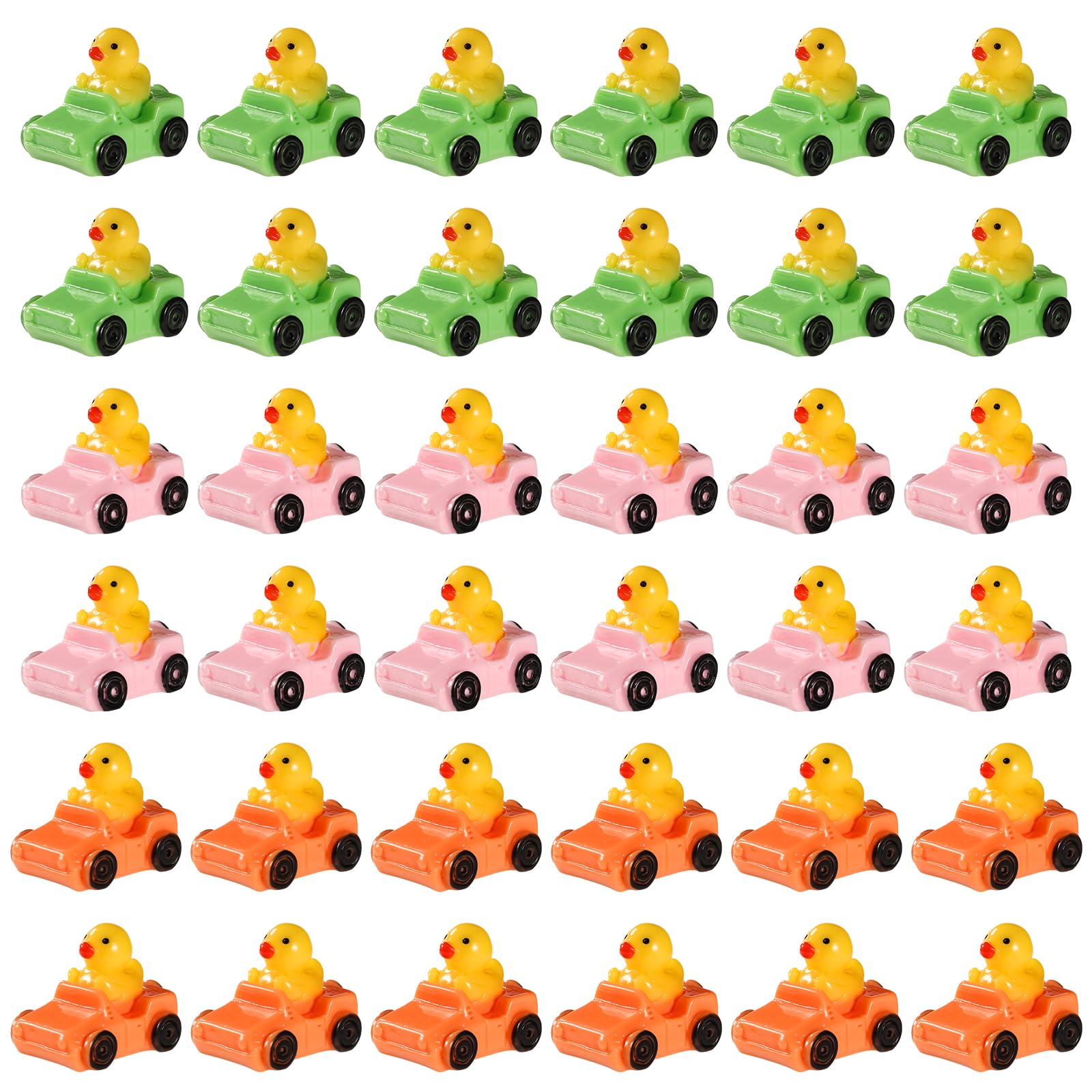Tinoaly 36pcs Multicolor (Pink, Orange, Green) Resin Miniature Ducks in a Jeep Figurines, Small Animal-Themed Mini Car & Garden Decor (011)