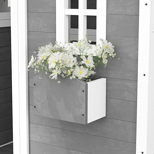 Miniatura 9 de Outsunny Casa de juegos para niños, casa de juegos de madera al aire libre con piso, puerta, ventanas y jardinera para niños de 3 a 8 años, patio