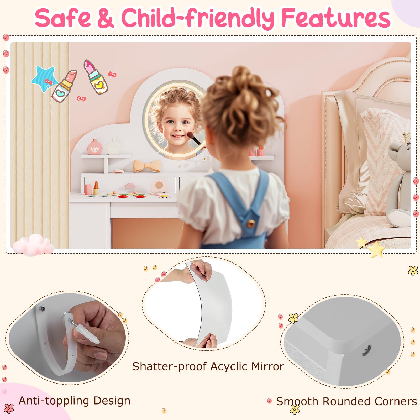 LIFEZEAL Tocador Infantil con Espejo Iluminado LED, Set de Tocador y Silla Princesa, Mesa 2 en 1 con Estantes y Cajones, Almacenaje Seguro para Niñas Desde 3 Años (Blanco)