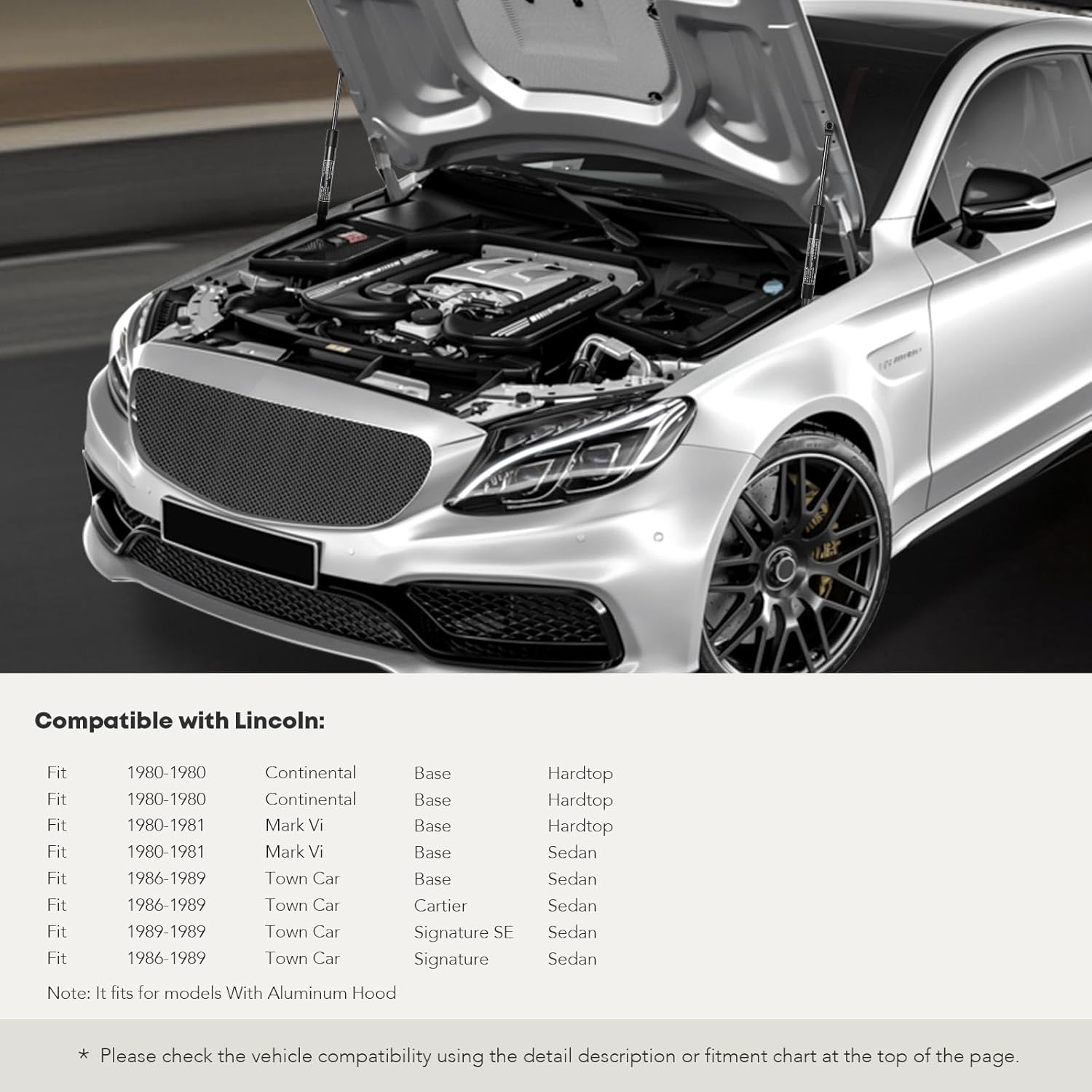 YHTAUTO Front Hood Gas Struts Shocks Replacement for Lincoln Town Car 1986-1989, Continental 1980, Mark VI 1980-1981, Set of 2 Bonnet Lift Supports, Replace# E6YB16C826AB