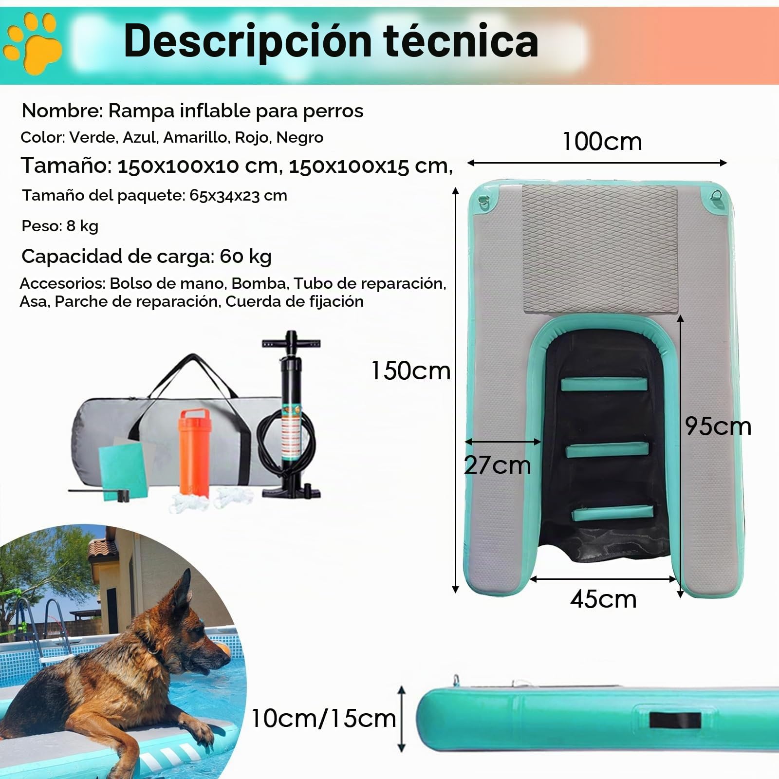 rampa de agua para perros Rampa plegable para piscina para perros, pequeña, Hasta 60 kg Inflable Pontón para perros Plataforma de muelle, Reutilizable Escalera de agua para rampa para mascotas Para ba