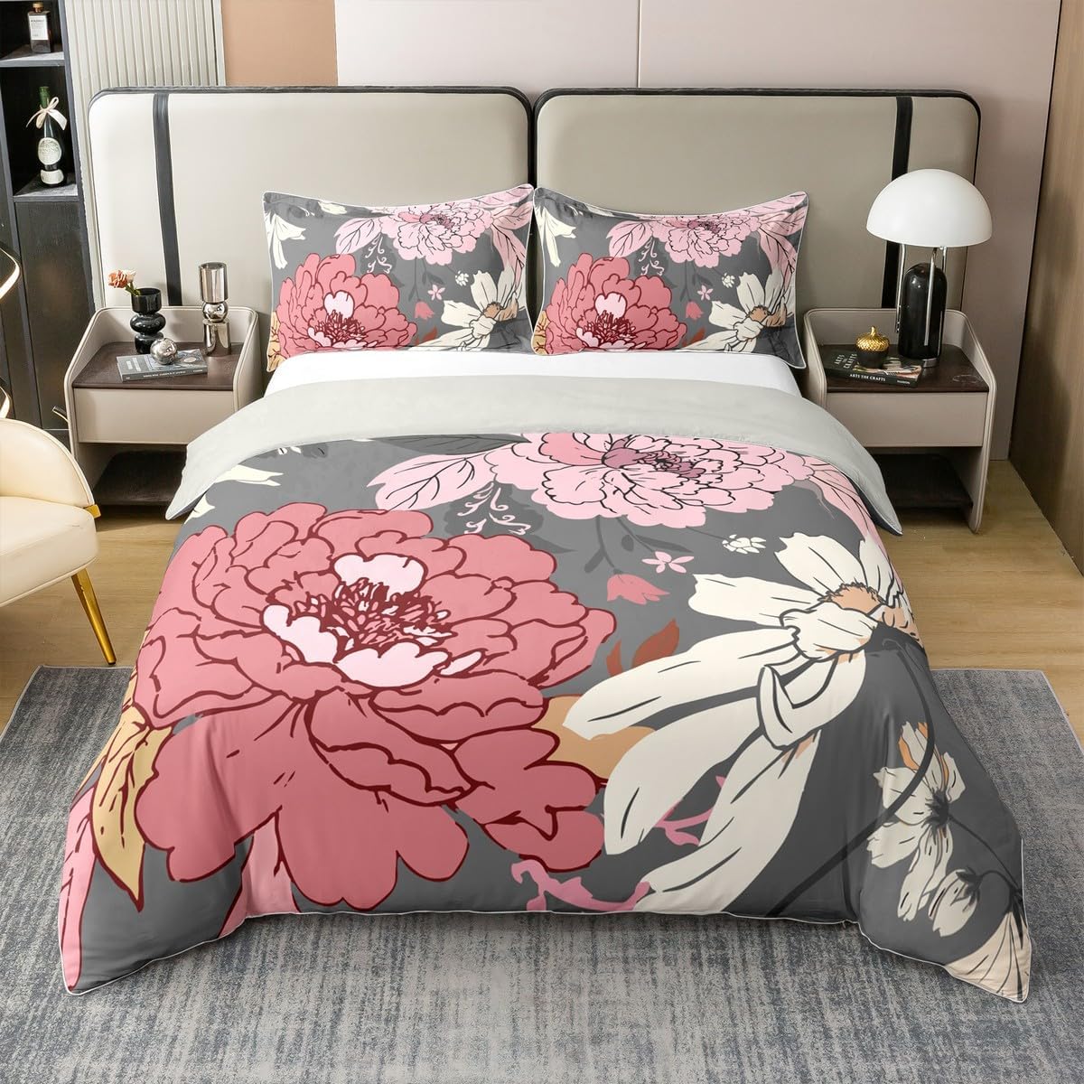 Erosebridal Boho Floral 100% Cotton Duvet Cover Queen Size Chic Vintage Flower Bedding Set for Kids Girls Boys Mid Century Morden Botanical Leaves Comforter Cover Bohemian Retro Aesthetic Bedclothes