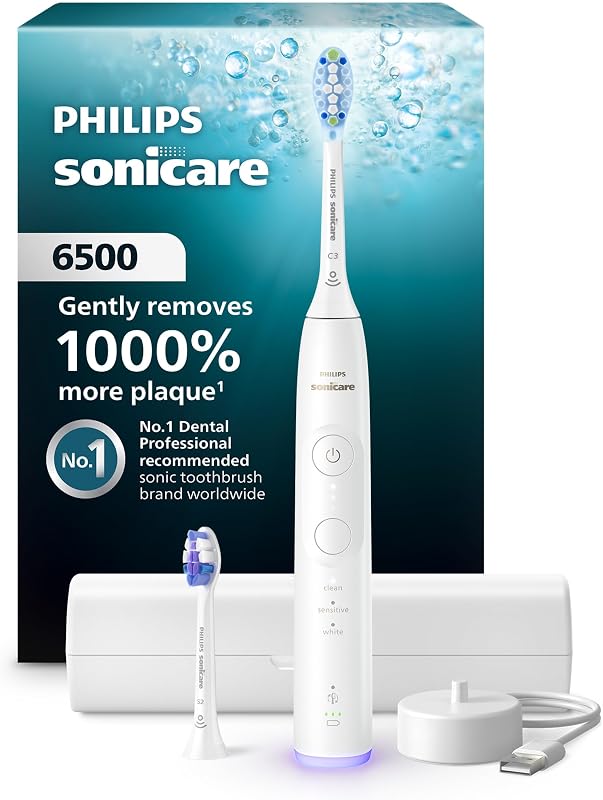6500 Rechargeable Electric Toothbrush, 2 Brush Head, White | 1000% More Plaque Removal¹, Visual Pressure Sensor, 9 Brush Settings, 21-Day Battery, App Connected, Travel Case, HX7410/10