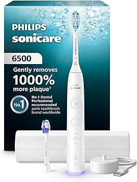 Philips Sonicare 6500 Rechargeable Electric Toothbrush, 2 Brush Head, White | 1000% More Plaque Removal1, Visual Pressure Sensor, 9 Brush Settings, 21-Day Battery, App Connected, Travel Case, HX7410/10