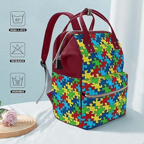 Miniatura 6 de Bolsa de pañales con rompecabezas de conciencia sobre el autismo para mujeres, mochila de gran capacidad, impermeable, bolsa de mamá, mochila de