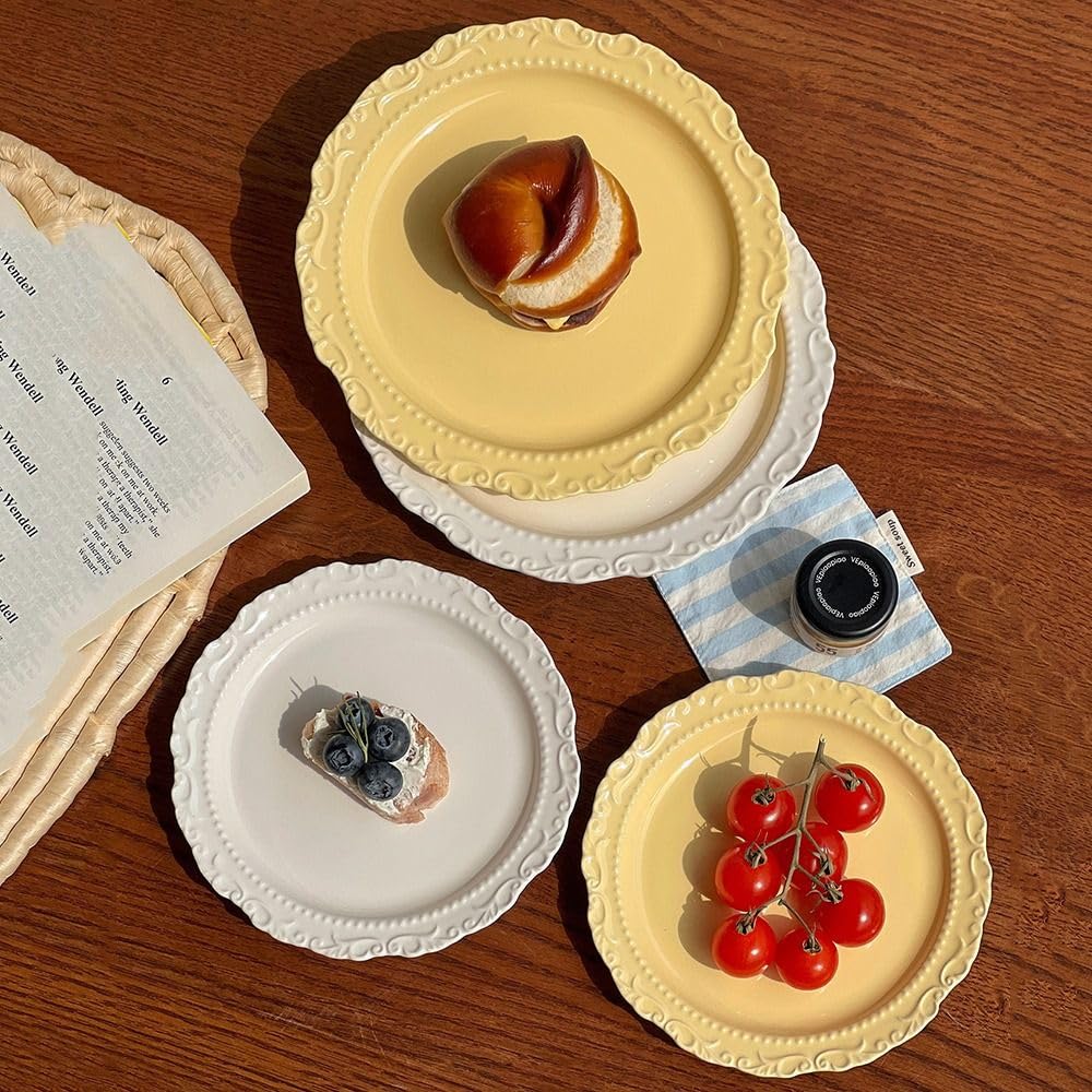 Plato llano de cerámica, estilo vintage, redondo de encaje en relieve, elegante diseño de 8 pulgadas para uso doméstico o restaurante