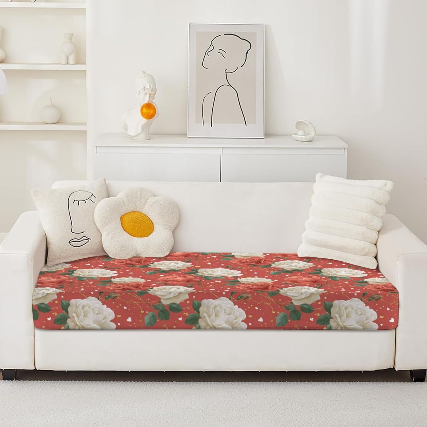 White Peony Motif Red Loveseat Covers Couch Covers for 2 Cushion Couch, 2-Piece Stretch Sofa Slipcovers Anti-Slip Washable Furniture Protectors for Dogs Pets