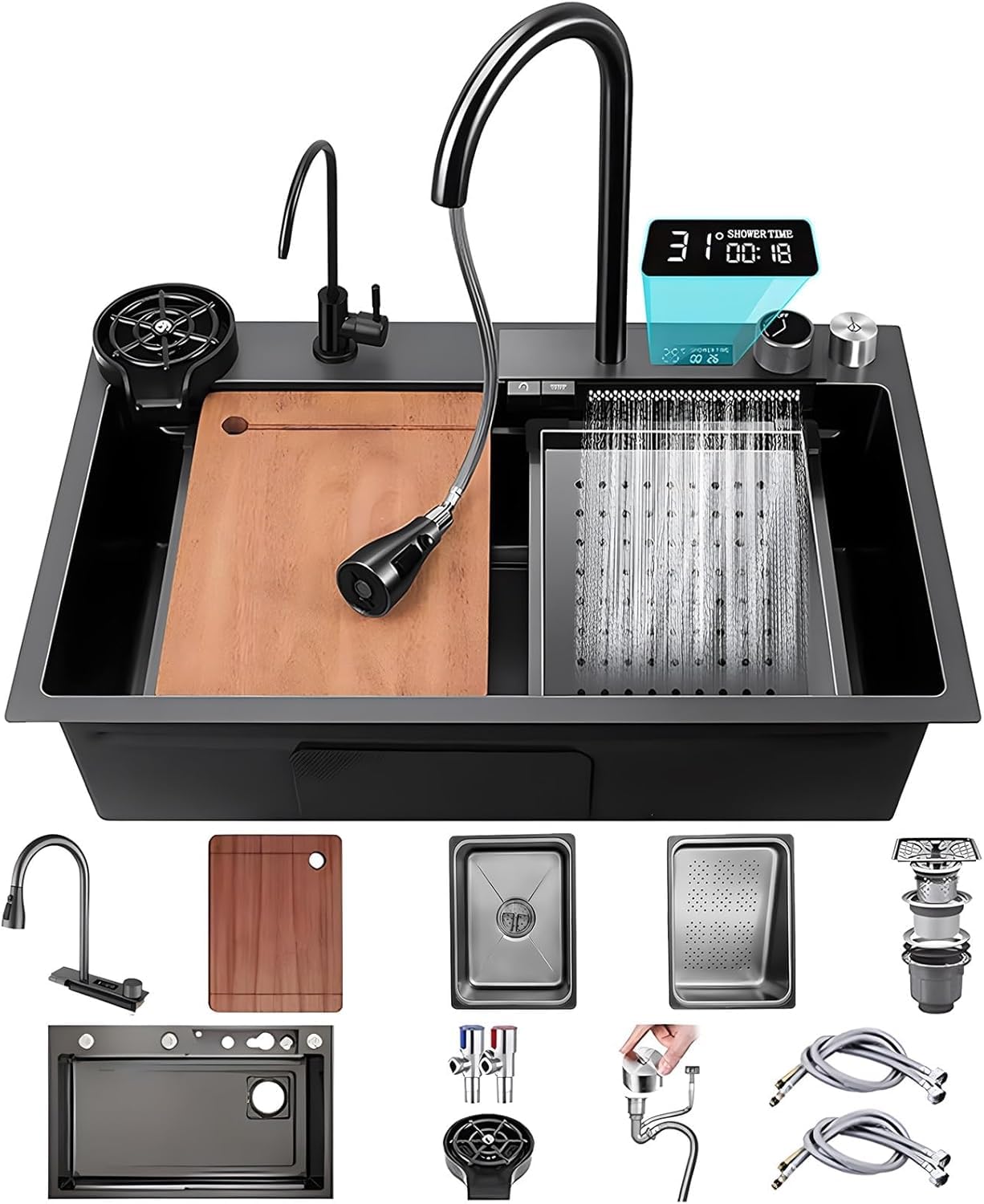 Stainless Steel Waterfall Sink 68x46cm with 3-in-1 Pull-Out Tap Chopping Board & Cup Washer - Multi-Functional Bar for Drop-in or Undermount Installation Black-Grey.