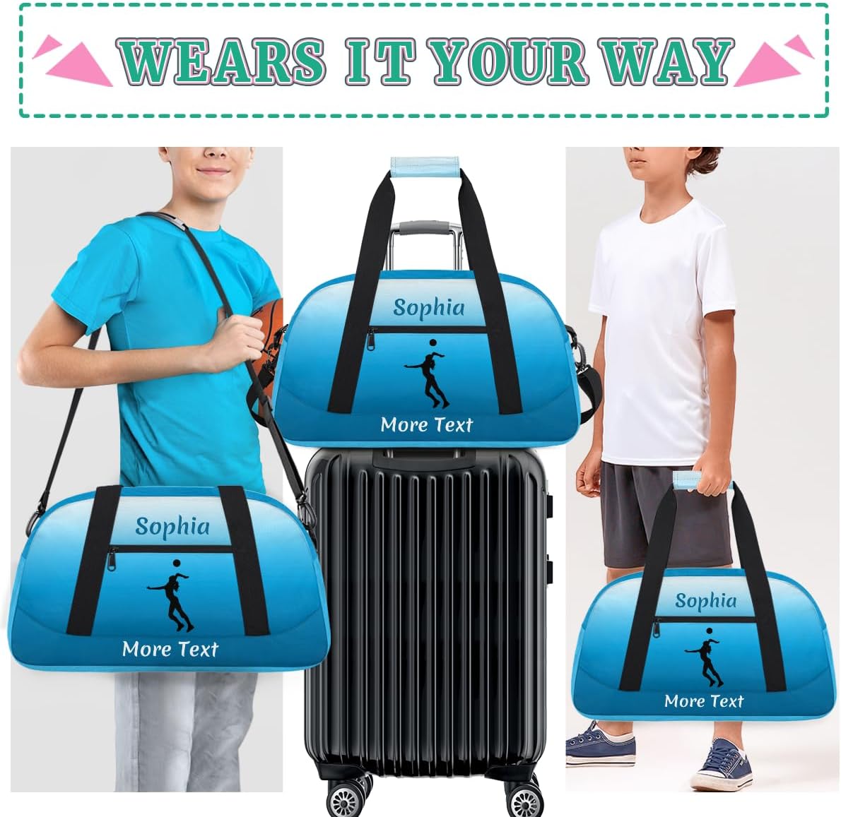 Custom Sport Duffel Bag for Girls, Personalized Kids Gym Bag, Overnight Weekender Bags for Teens, Travel Duffle Bag for Girls, Blue Volleyball