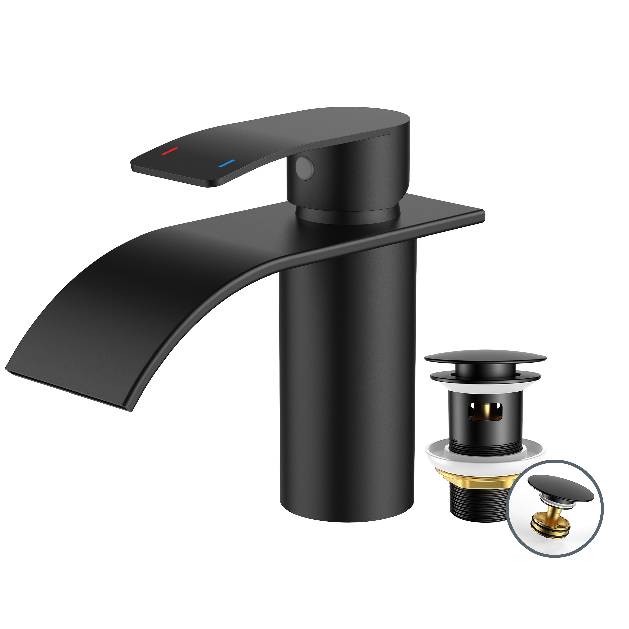 FORIOUS Wasserhahn Bad Schwarz mit Ablaufgarnitur, Edelstahl Wasserfall Waschbeckenarmatur mit Auslaufhöhe 80MM, Einhebel-Mischbatterie für Kaltes und Warmes Wasser im Badezimmer