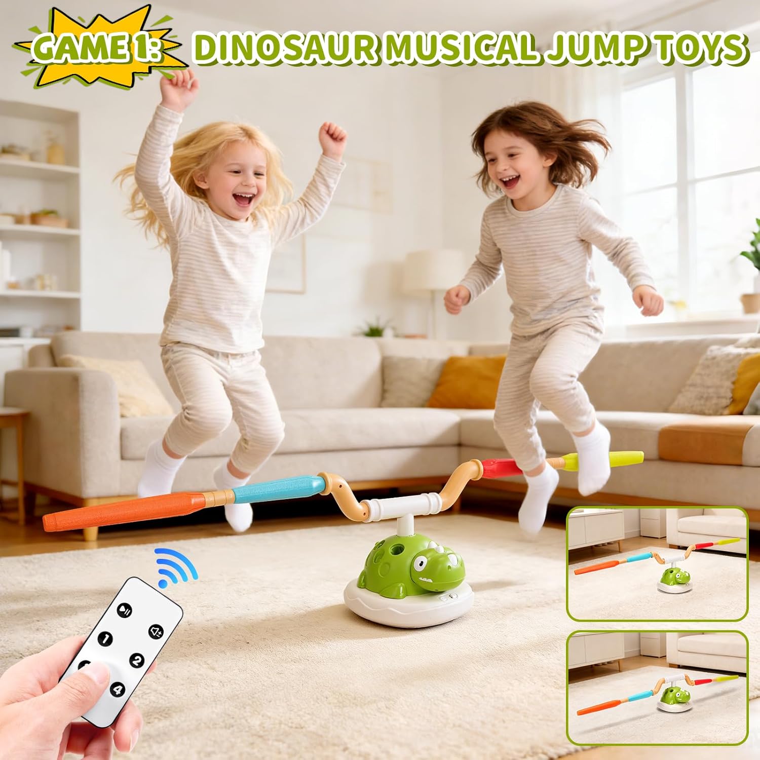 3 in 1 Dinosaur Rocket Launcher, Musical Spinning Jump Dinosaur Toy, Ring Toss Game & Stomp Rockets with Remote Control, Kids Indoor & Outdoor Energy Burning Toys for Boys Girls (1 Set)