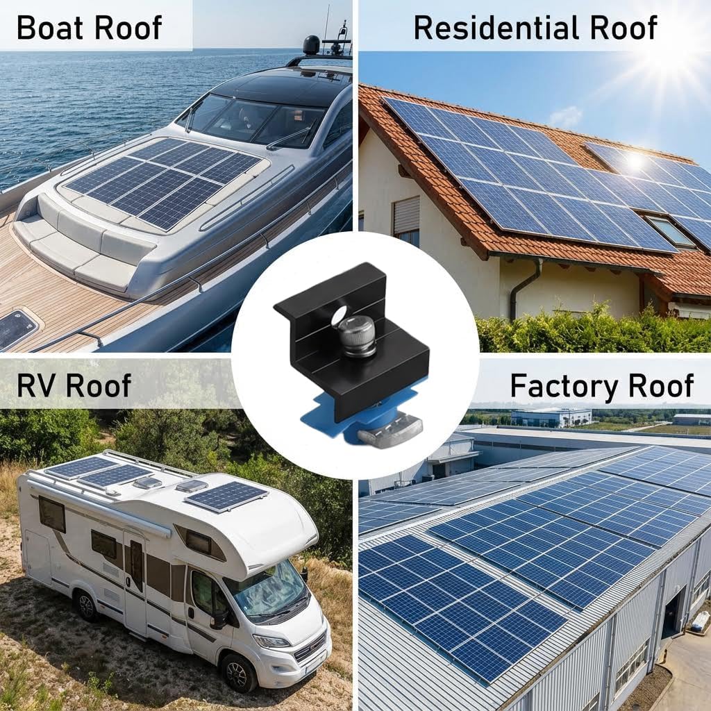 12-Pack Black Aluminum 30mm/35mm Solar Panel End Clamps for Standard Unistrut, Mounting Brackets with Hardware, for Metal, Tin, Flat & Sheet Roof Solar Installation
