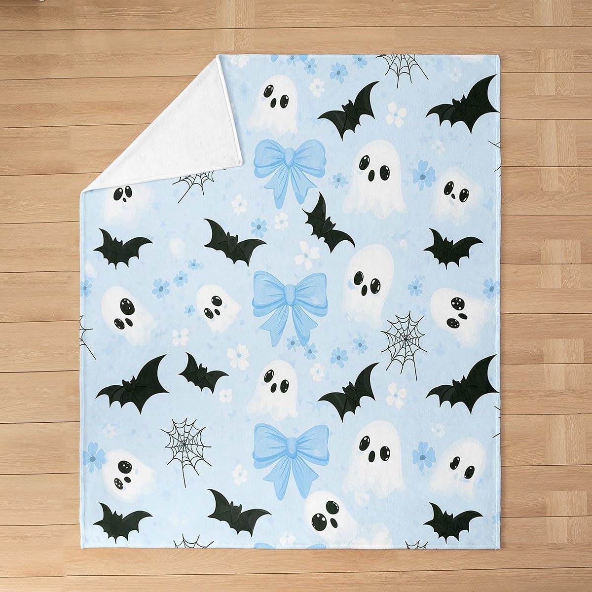 Feelyou Happy Halloween Flannel Fleece Throw Blanket Cute Ghost Bow Twin 60"x80" Blue Black White Fleece Throw Blanket for Kids Women Men Bats Cobweb for Bed Couch Chair Living Room Bedroom Decor