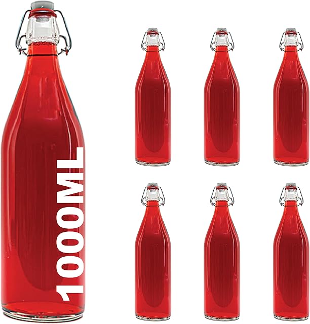 casavetro 1000ml Glass Bottles with Swing Top Lids 6 Pcs Reusable Flip Top Airtight Preserve Bottles for Home Brewing Oil Vinegar Beer Water Soda Wine- MADE IN EU (6 x 1 Liter)