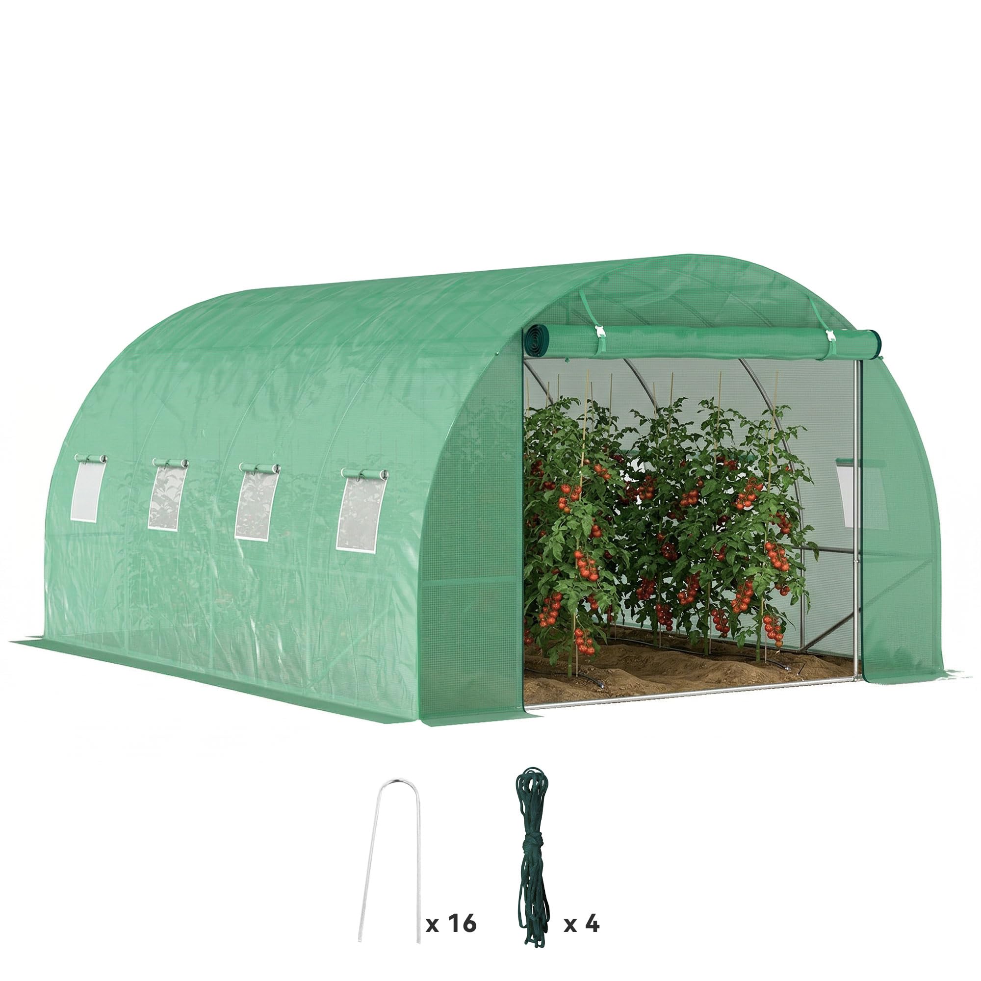 Outsunny Gewächshaus 300x400x200cm Foliengewächshaus Tomatenhaus mit Tür, 8 Fenster, Folientunnel aus verzinktem Stahl, 170g/m² PE, stabiles pflanztunnel, Treibhaus inkl. Erdanker & Seilen, Grün