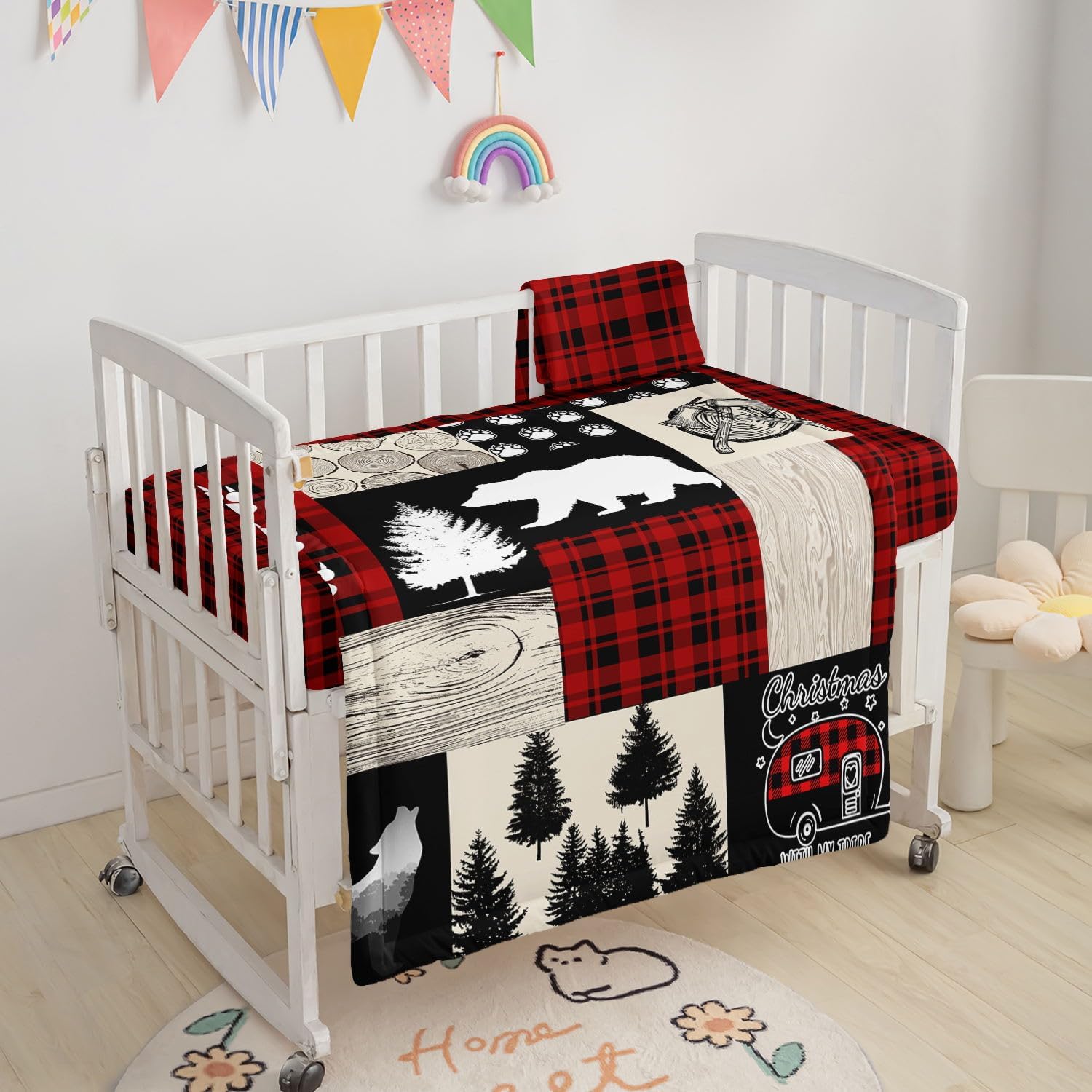 3pcs Nursery Crib Set with Comforter, Sheet & Skirt, Bear Forest Camping Car Printed Bedding for Baby Boys and Girls (Bear Red)