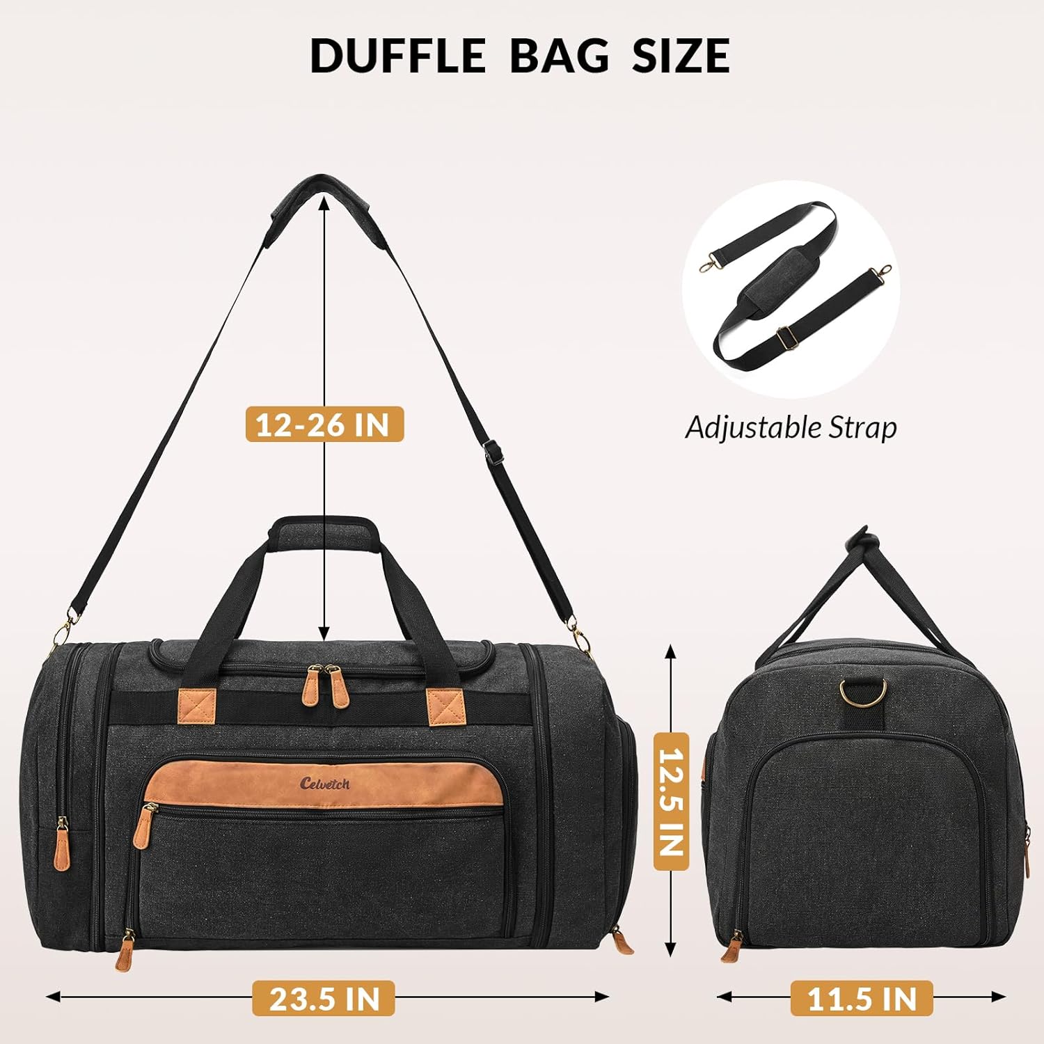 Canvas Duffle Bag for Travel 65L Expandable Travel Duffel Bags for Men Women Weekender Overnight Bag with Shoes Compartment - Dark Grey