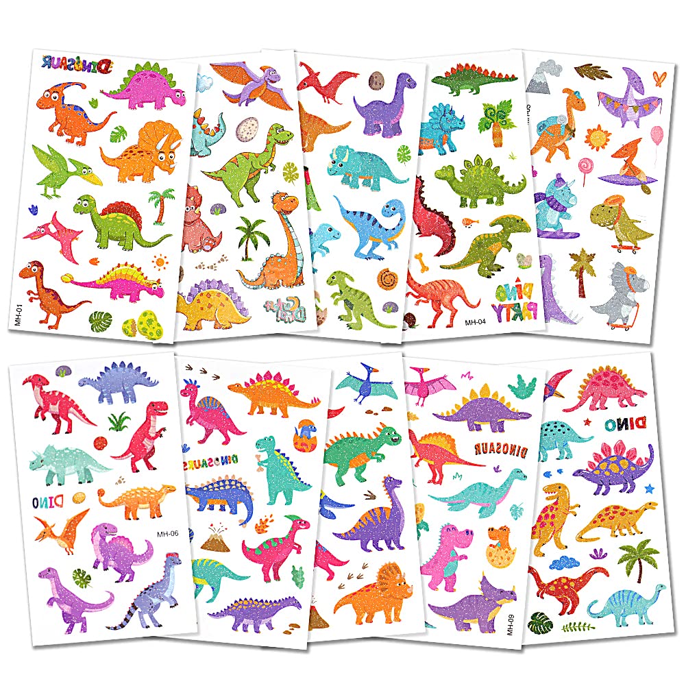 AOOWU Glitzer Tattoo Set Kinder, 10 Blätter Dinosaurier Glitzertattoos Mädchen, Wasserdichte Kinder Tattoo Aufkleber Junge, Temporäre Kindertattoos für Party Deko Geschenke Mitgebsel Kindergeburtstag