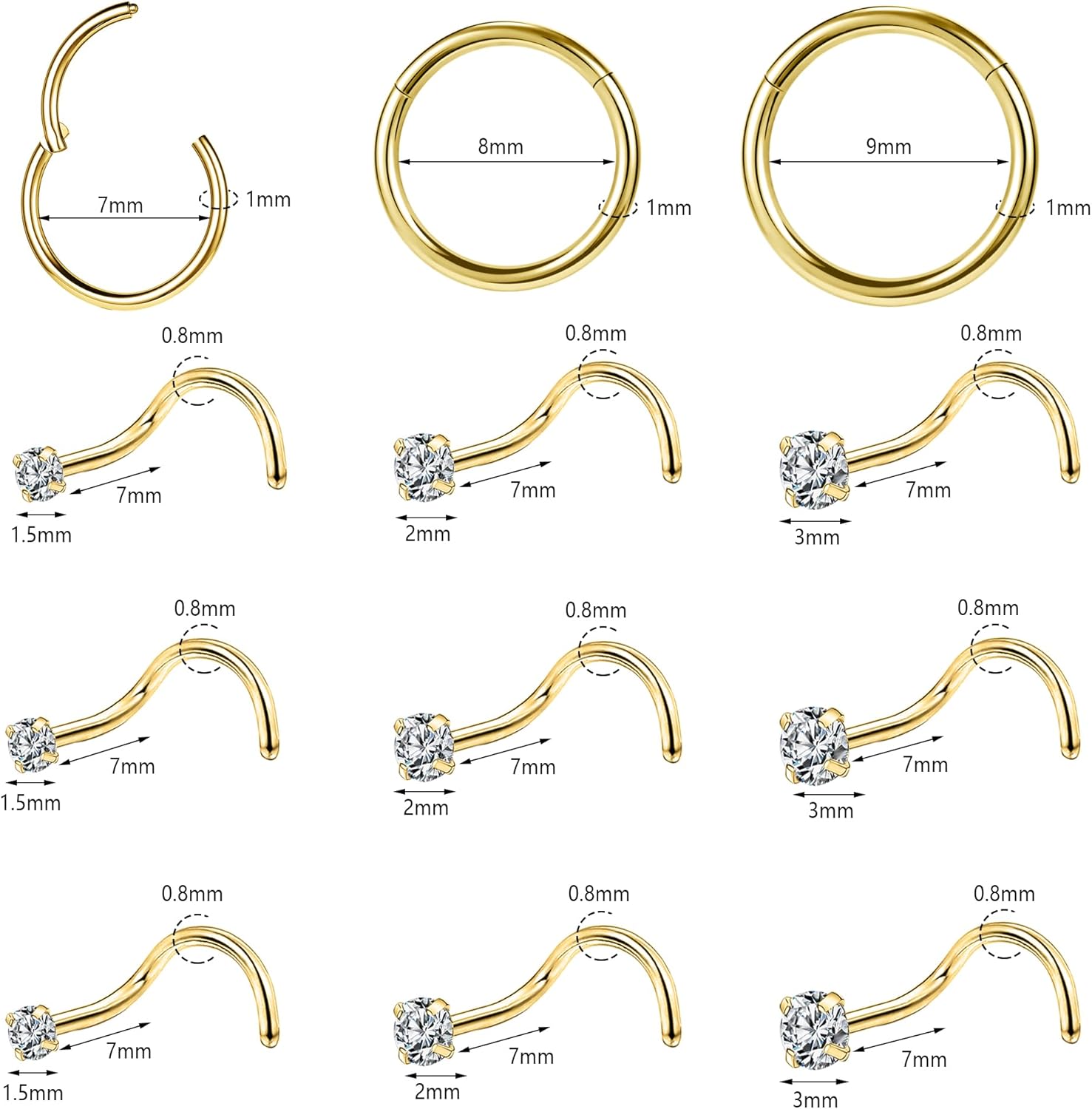 10-12Pcs 18G 20G Nose Rings Studs Hinged Hoop Nose Ring for Women Men Corkscrew Bone L Shaped Nose Studs Hypoallergenic 316L Surgical Steel Nose Piercings Jewelry Small Silver Gold - Image 2