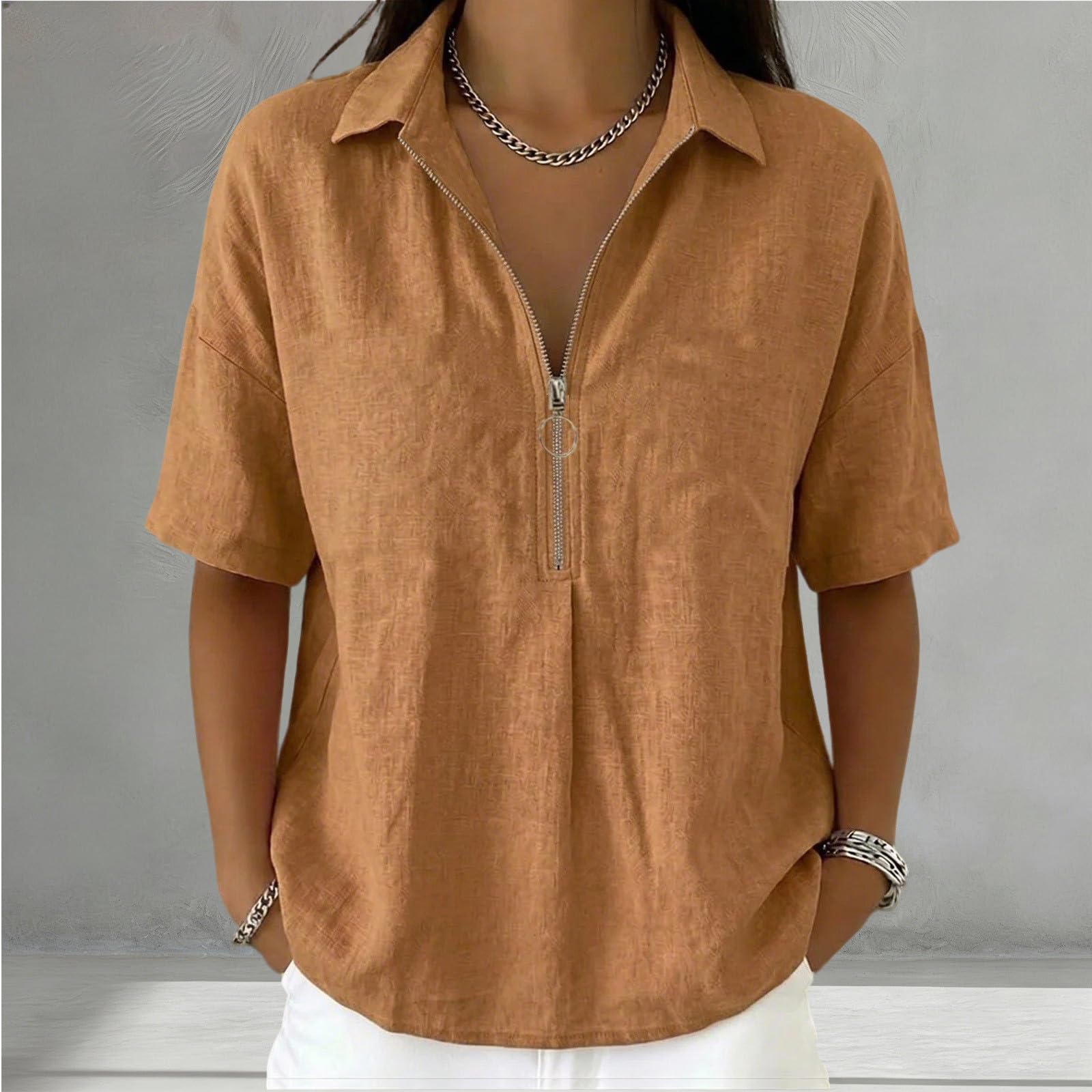 Camicia da donna in lino, a maniche corte, casual, estiva, leggera, mezza cerniera, scollo a V, casual, estiva