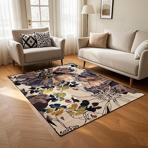 Miniatura 4 de Flor de lavado de tinta retro lavable de 5 x 7, antideslizante y no se desprende, alfombra fácil de mantener, suave y cómoda, felpa baja, adecuada