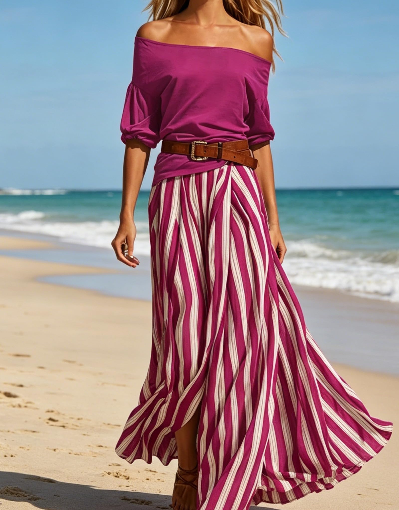 Genérico Conjunto de dos piezas de verano para mujer: top de manga corta con hombros descubiertos y falda larga de talle alto a rayas, vestido bohemio fluido con cinturón.