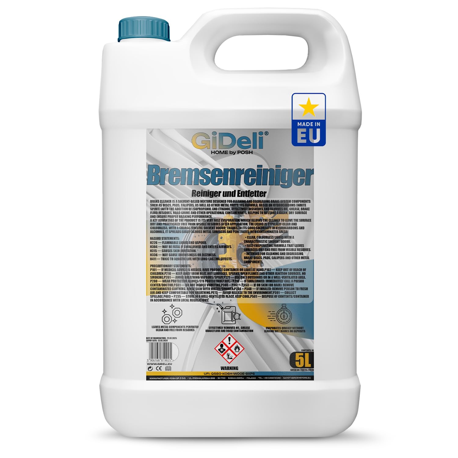 GiDeli Bremsenreiniger 5L - für Auto, Motorrad & Fahrrad - entfernt Öl, Fett, Bremsstaub, Klebereste - Werkstatt-Entfetter, schnell trocknend, rückstandsfrei