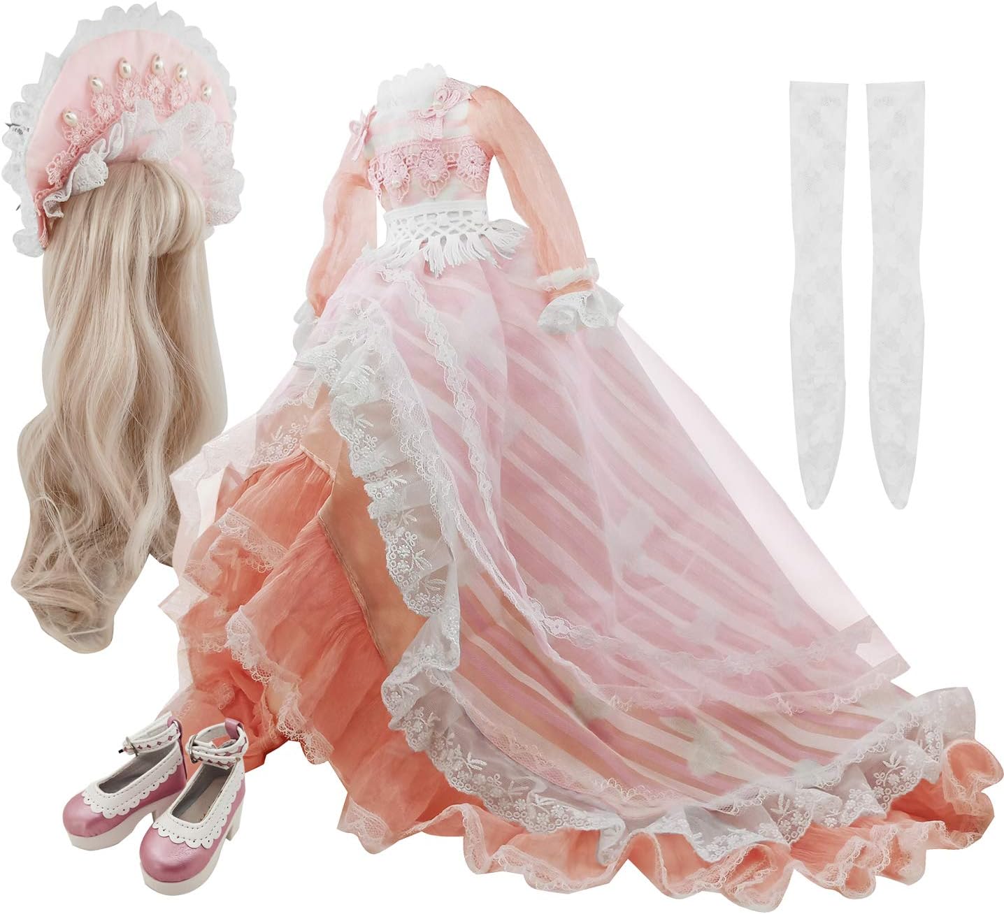 Set of Skirt Wigs Shoes Socks Accessories Full Set for 1/3 BJD Dolls Ball Jointed Dolls 22in - 24in 60cm (Pink and White)