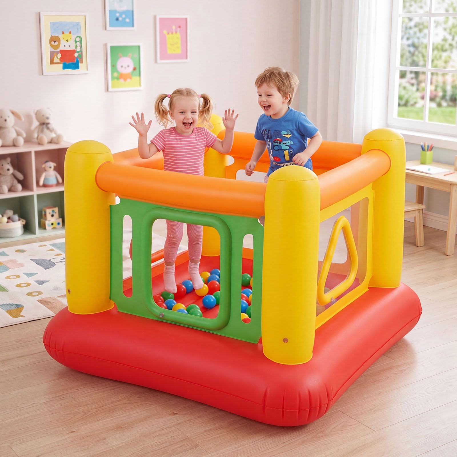 COSTWAY Hüpfburg, Bouncy Castle mit 4 Türen für Kinder, 160 x 160 x 125 cm (Rot + Gelb)