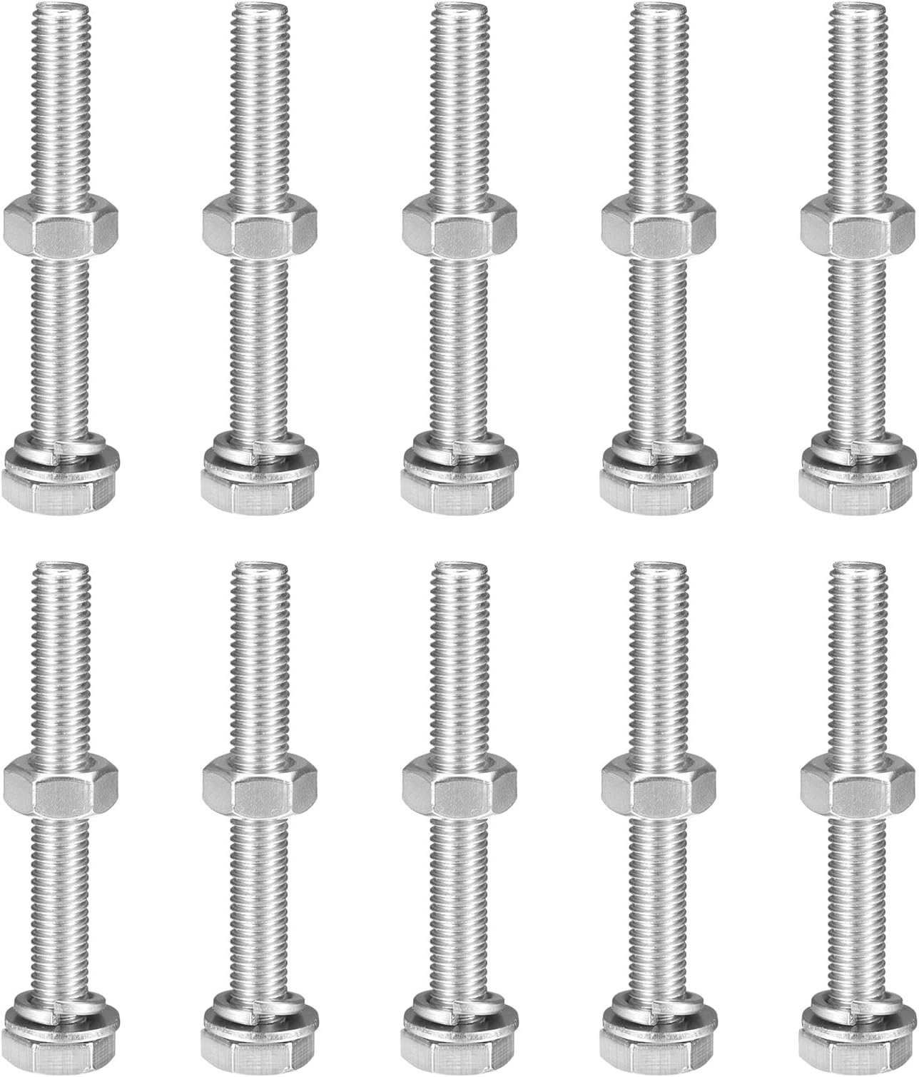 sourcing map M10 x 80mm Hex Head Screws Bolts, Nuts, Flat & Lock Washers Kits, 304 Stainless Steel Fully Thread Hexagon Bolts 10 Sets