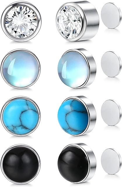 LOLIAS 4 Pairs Magnetic Stud Earrings for Women Men Zircon Moonstone Earrings Turquoise Black Earrings Round Gemstone Magnet Non Piercing Clip On Earrings
