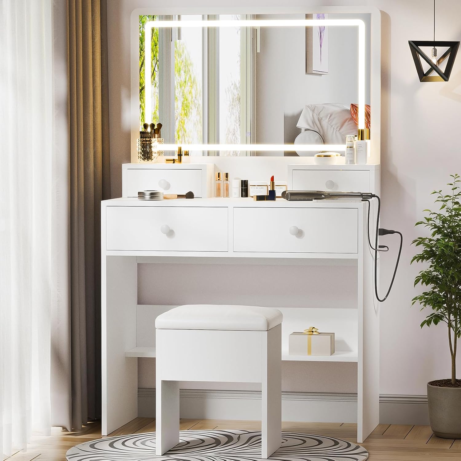 Haewon White Makeup Vanity Desk with LED Mirror, Power Outlet, 4 Drawers & Storage Chair - Adjustable Lights for Bedroom