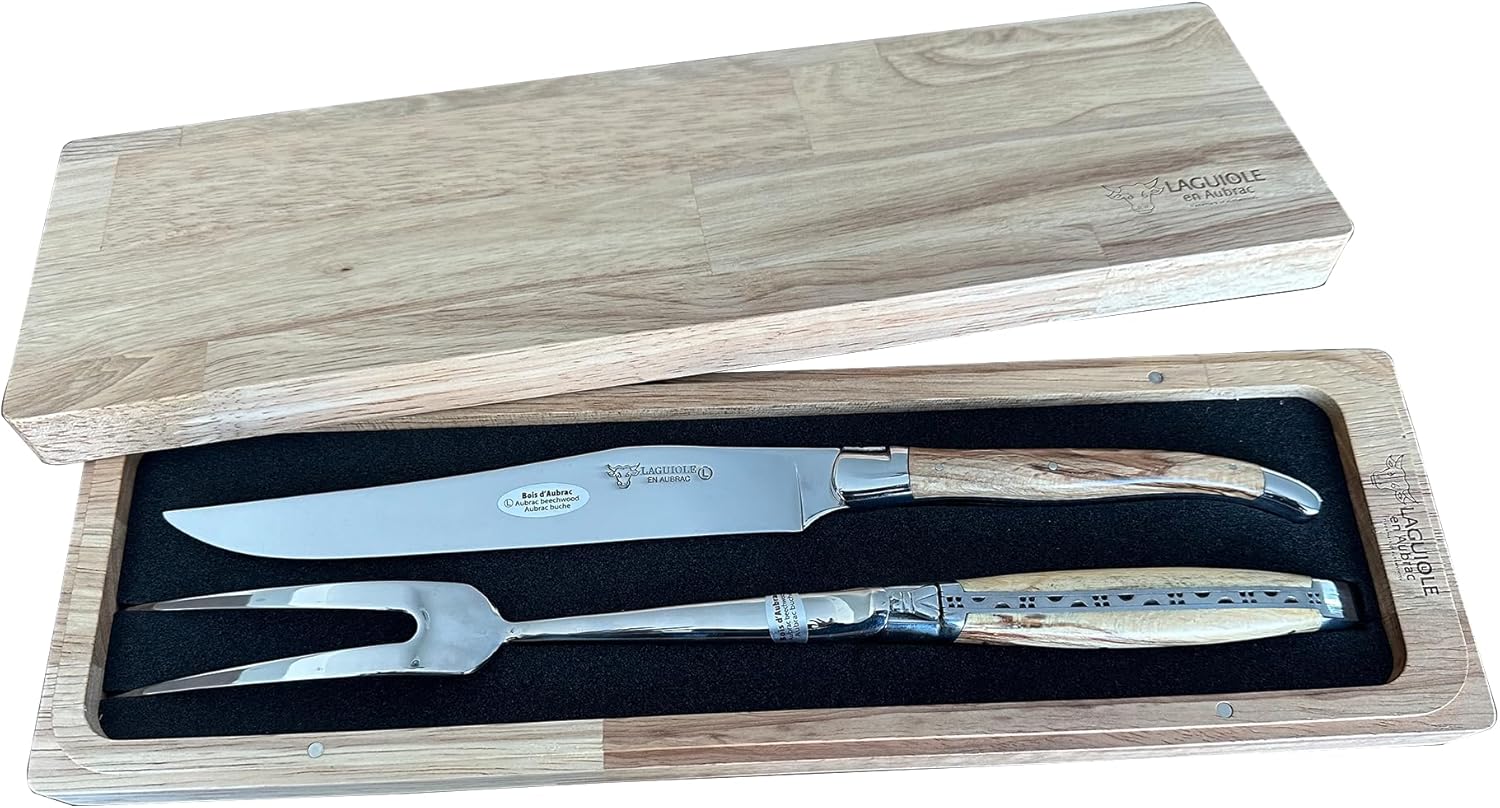 Laguiole en Aubrac 2-Piece Carving Set, With Carving Fork And Carving Knife, Aubrac Wood Handles, Polished Bolsters