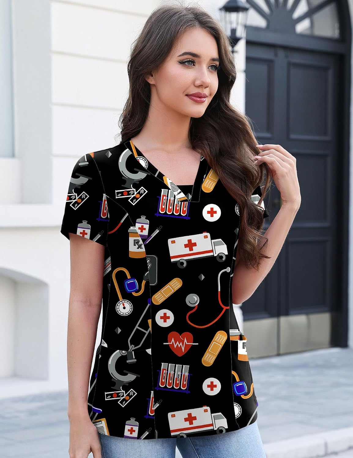 AKEWEI Scrub Tops for Women Black Print Nurse Symbol V Neck Nursing Uniforms Shirts with 2 Pockets Medical Instrument Printed M