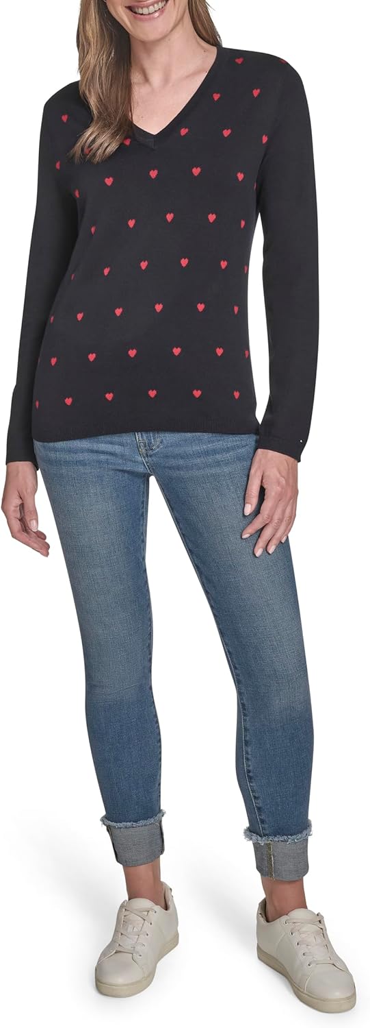 Tommy Hilfiger Womens V-Neck Long Sleeve Cotton Heart Print Sweater - Image 2