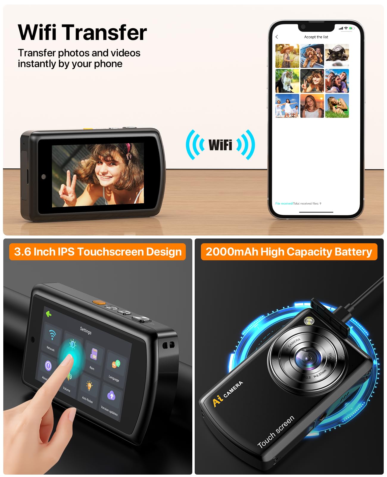 AI Smart Digitalkamera mit WiFi, Autofokus Digital Camera Kamera Fotokamera Kinderkamera mit IPS Touchscreen, Fotoapparat Digitalkamera mit 32GB SD Karte für Kinder, Jugendliche, Erwachsene