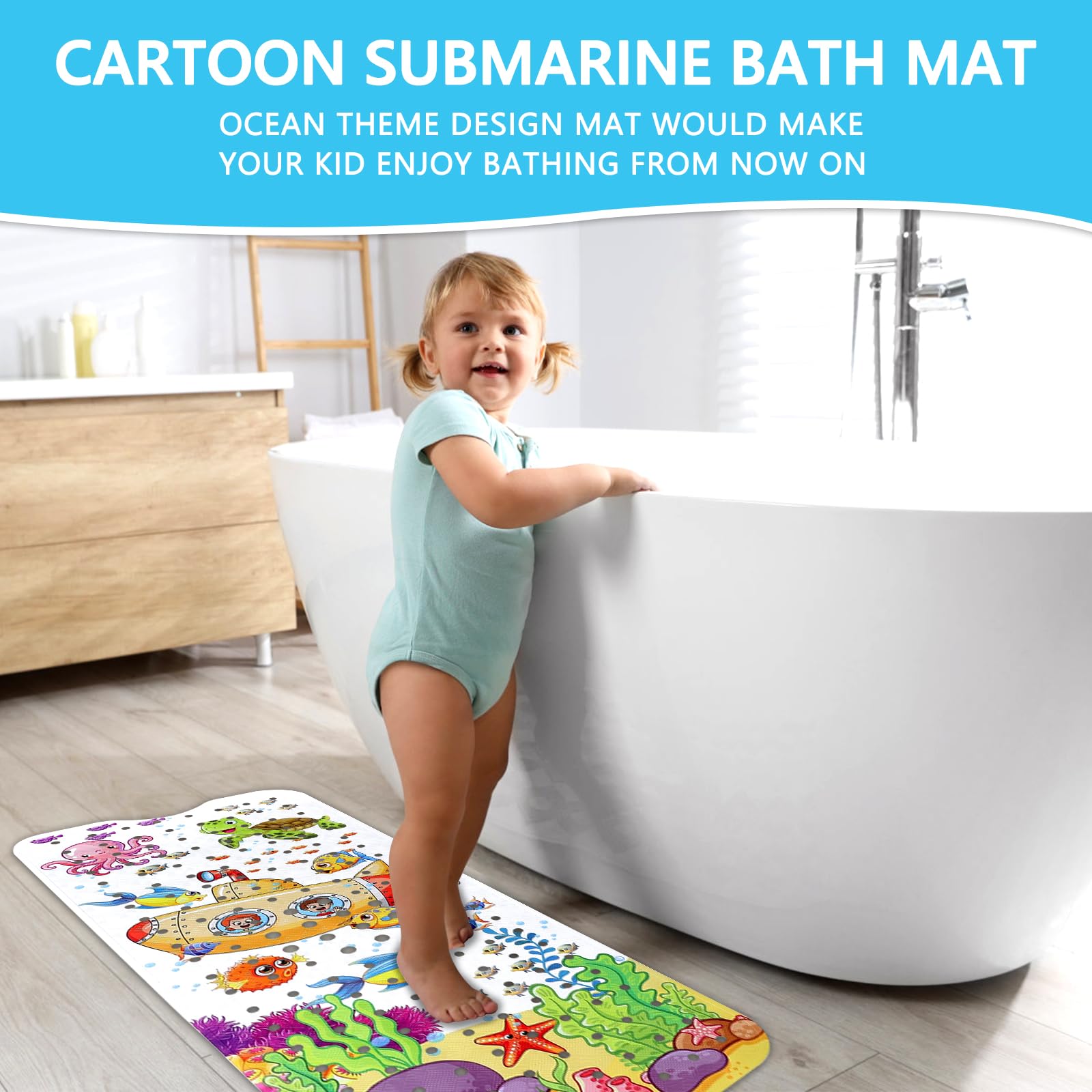 Capslpad Bathtub Mat Non Slip Anti Mould 40x100 cm Cartoon Submarine Bath Mats Extra Large Soft Bath Seat Mat with Suction Cups & Drain Holes Machine Washable Sea Animals Bath Mat - Image 4