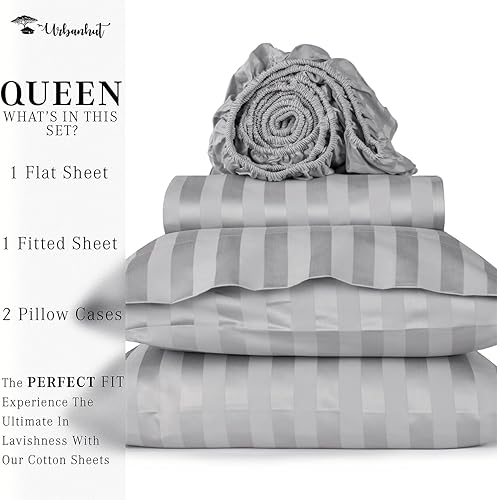 Miniatura 4 de URBANHUT Sábanas de algodón egipcio de 1000 hilos, tamaño Queen a rayas de damasco, fibras largas transpirables, juego de sábanas de 4 piezas,