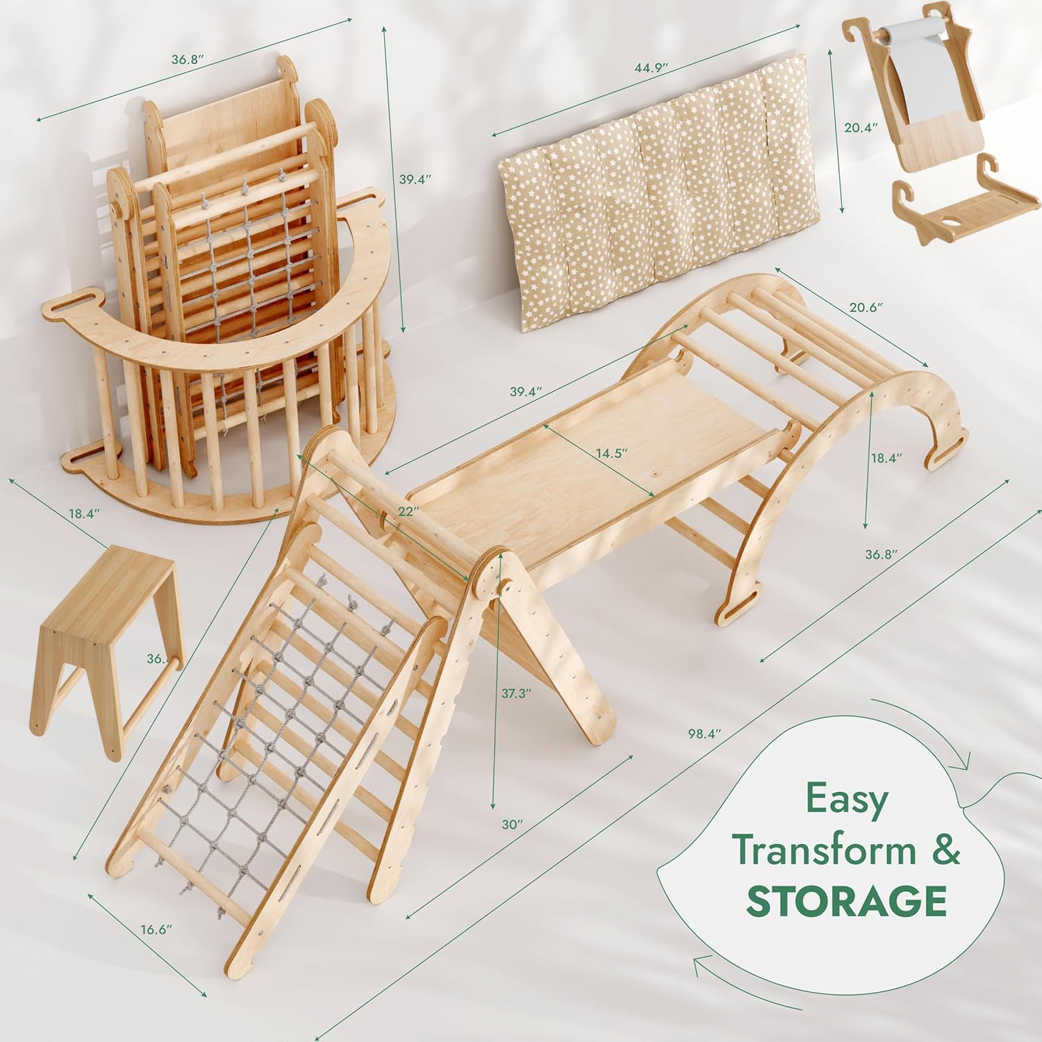 6-in-1 Indoor Climbing Frame for Toddlers - Wooden Triangle, Arch & Climbing Ramp & Net & Cushion, Art Addition, Montessori Climbing Frame, Kids Wooden Gym, Foldable Climbing Toys for Kids 1-7 Age