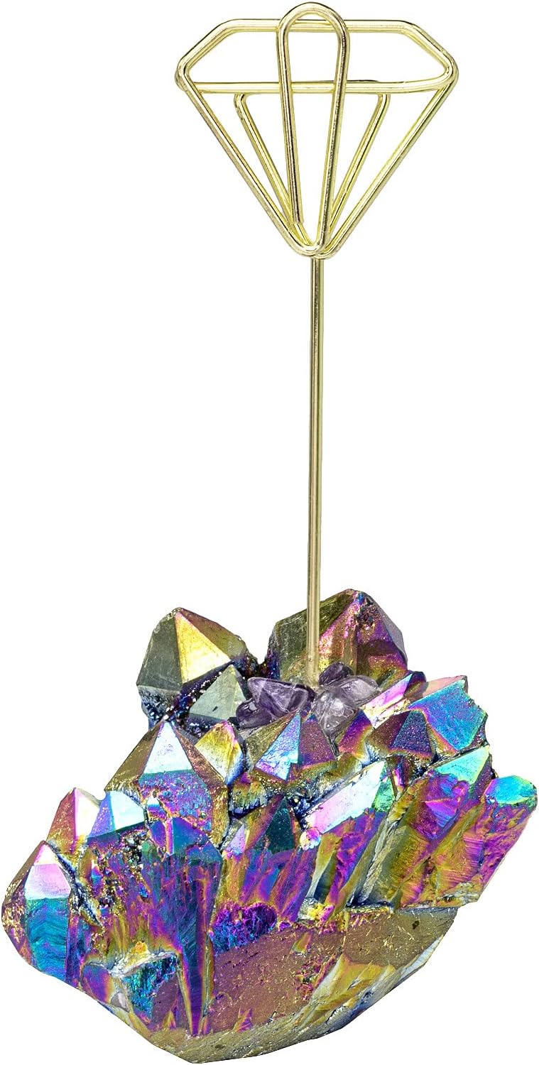 mookaitedecor Titanium Coated Rock Crystal Table Card Holder, Wedding Table Name Card Holders Clips Picture Memo Note Photo Stand, Diamond Shape