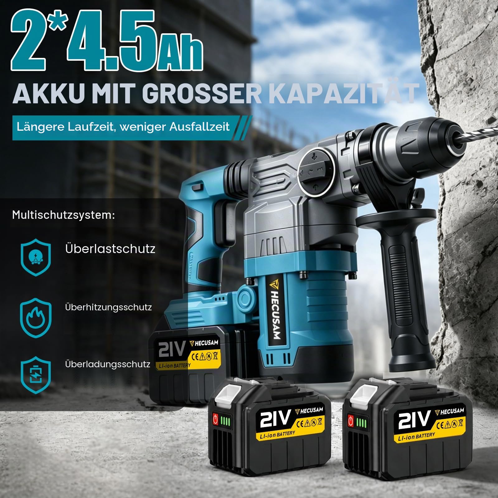 8J SDS Plus Akku Bohrhammer, 0-3000U/Min Bürstenlos, Schlagbohrmaschine mit 2×4.5Ah Akku (Kompatibel mit Makita 18-V-Akkus), Anti-Vibrationsgriff und Sicherheitskupplung für Beton, Renovierung & DIY