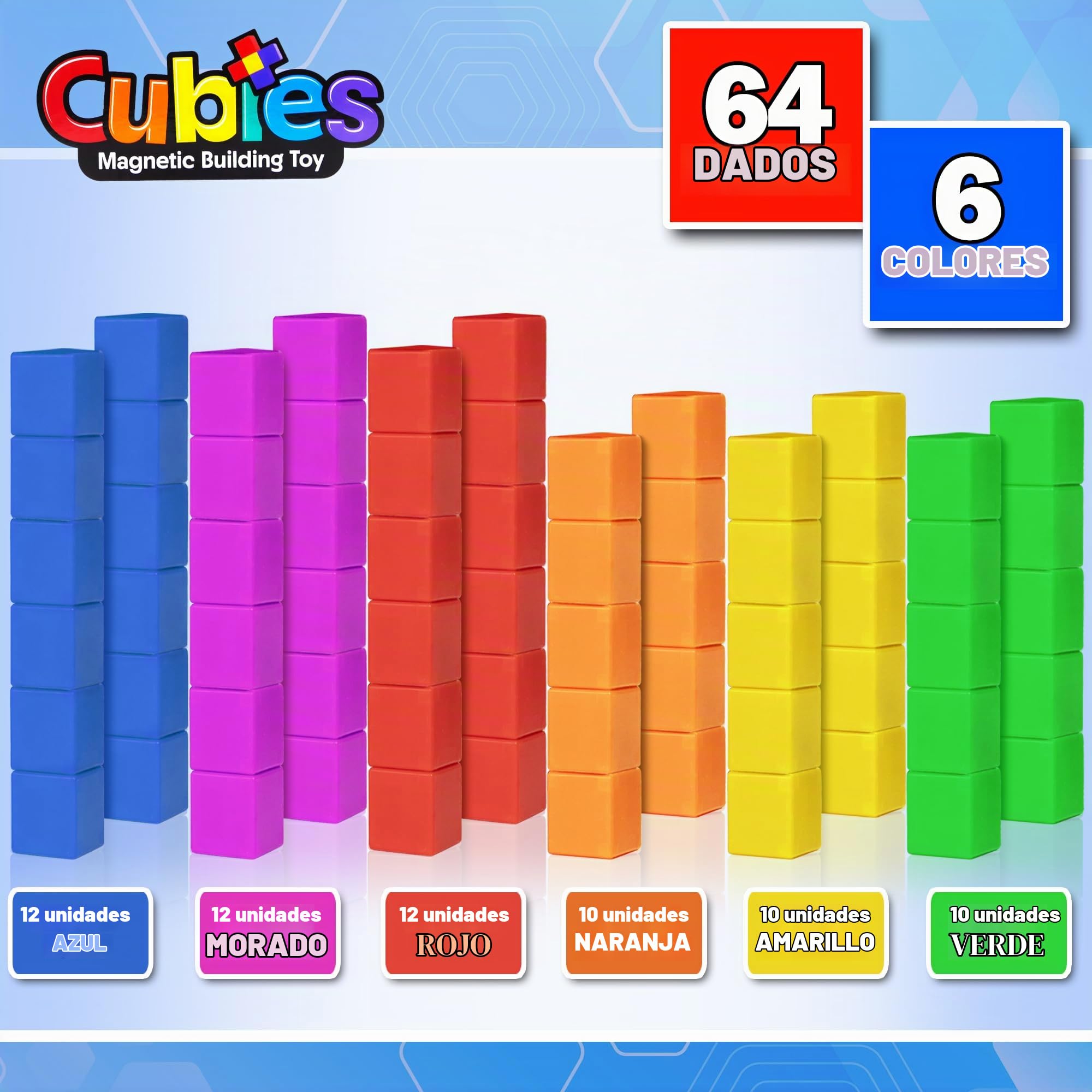 Playmags Juguete De Construcción con Bloques Magnéticos, 64 Cubos Magnéticos, Juguetes Stem para Niños Pequeños y Preescolares, Juguete Educativo De Construcción Sensorial para Niños y Niñas.