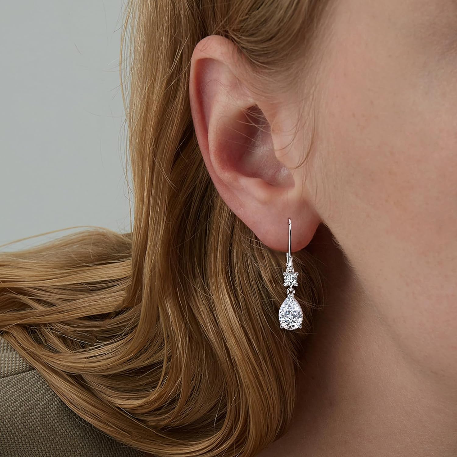 Sterling Silver Leverback Earrings for Women - Cubic Zirconia Round Waterdrop Dangle Earrings Lightweight Hypoallergenic Nickel Free Sparkle Halo CZ Teardrop Dangling Earring Classic Jewelry Gifts - Image 5